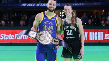 Steph bests Sabrina in their three-point shootout
